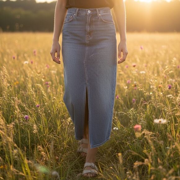 GAP Vintage Y2K Long Rivet Jean Skirt 10 Blue Light Wash Denim Boho Western - Picture 1 of 13